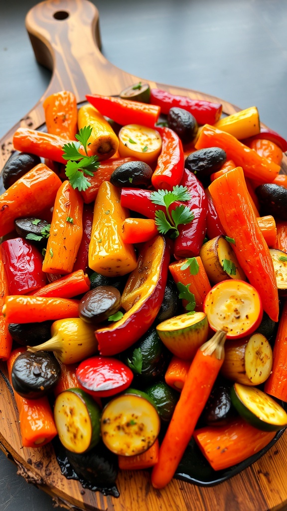 A delicious medley of roasted vegetables including bell peppers, zucchini, and carrots, garnished with parsley on a wooden board.